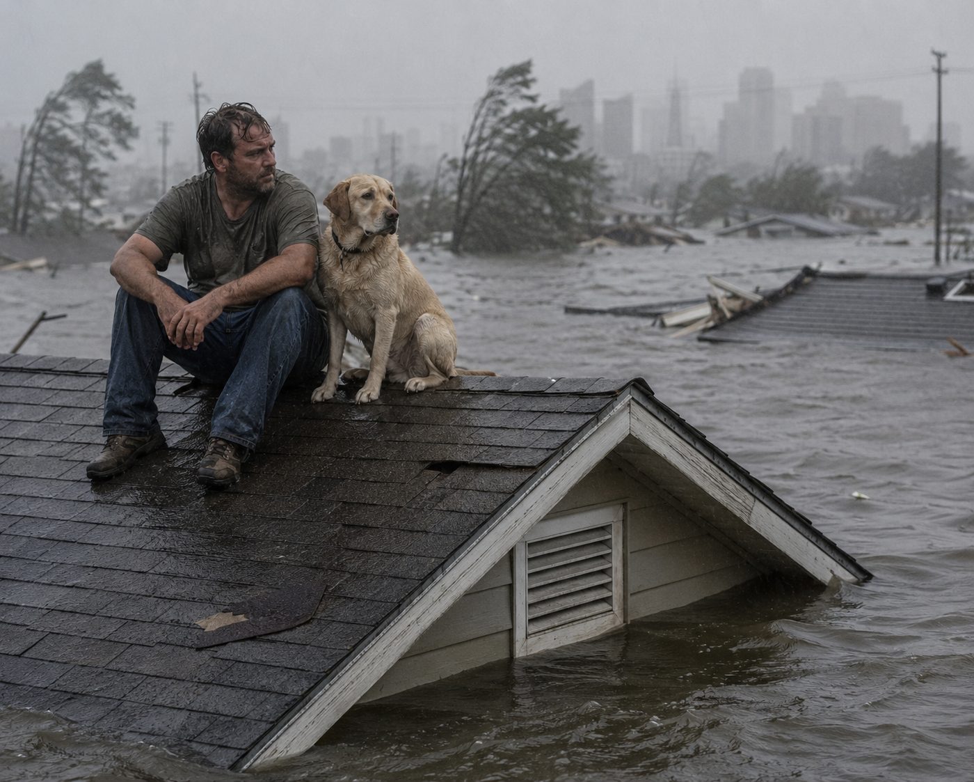 A man and his dog on a roof after the flood